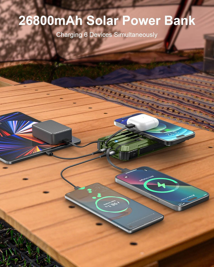Solar Powerbank, 26800 mAh Tragbares Ladegerät mit 4 Integrierten Kabeln, Solar-Akkuladegerät mit US