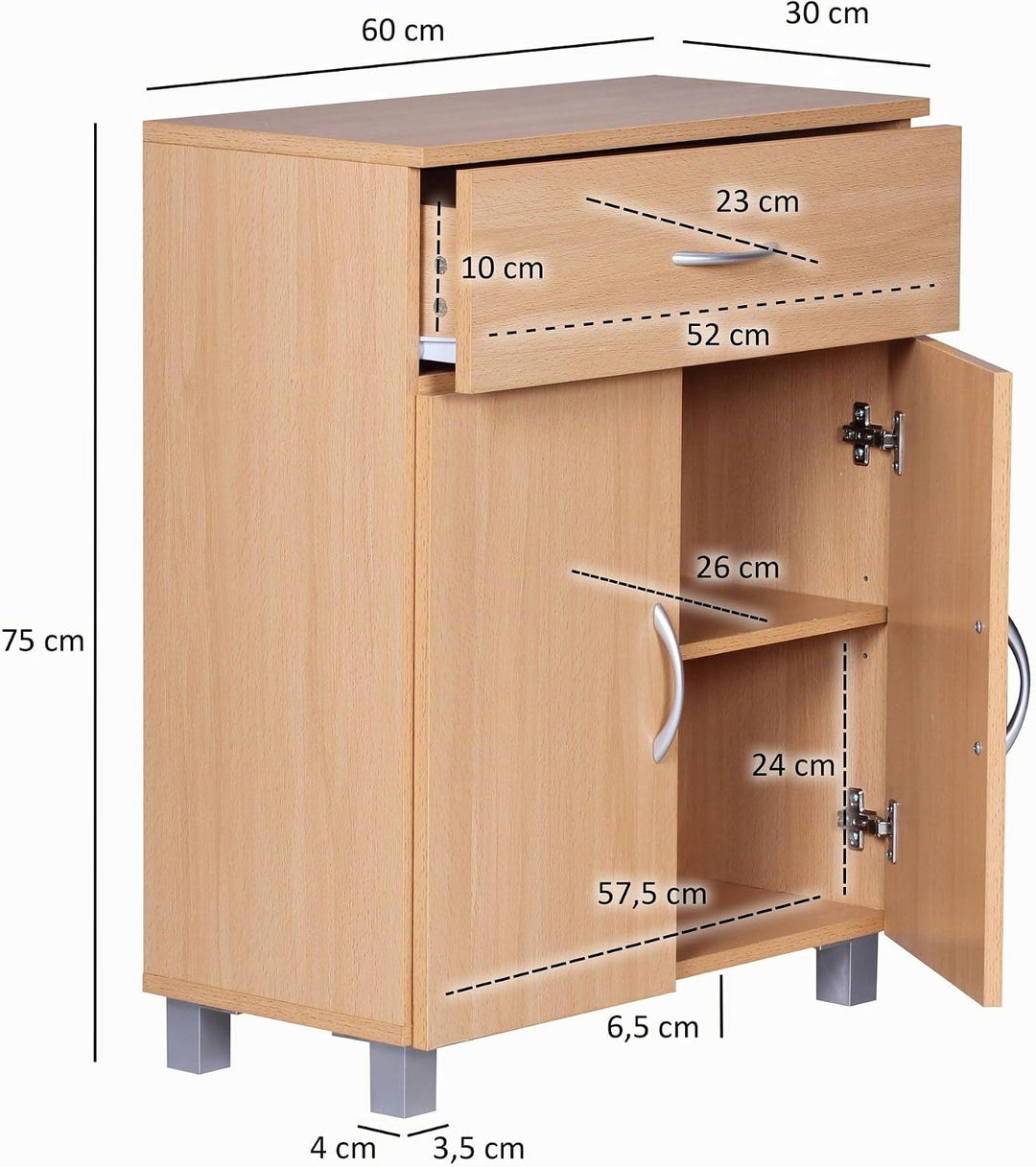 FineBuy Sideboard 60x75x30cm Kommode mit Schublade und Türen, Kleine Moderne Anrichte, Design Holz S