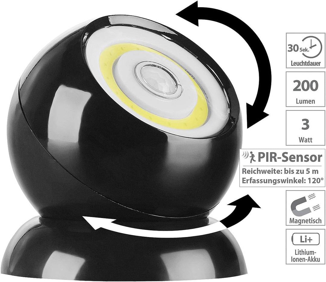 Lunartec LED Strahler Akku: 2er-Set ultrahelle COB-LED-Akku-Leuchten, PIR Sensor, 200 lm, schwarz (d