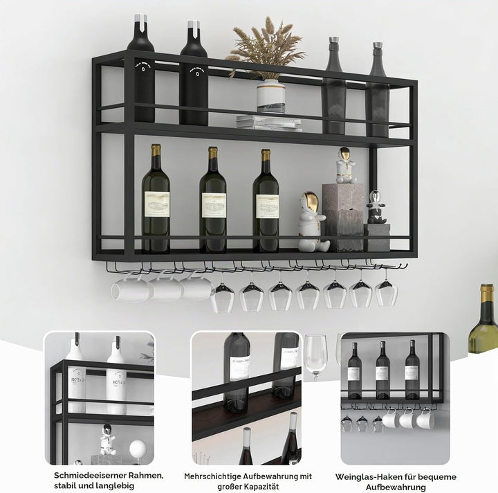 industriell wandmontierte Weinregal mit Glashalter, Schwarz Metallflaschenhalter Multi funktionaler