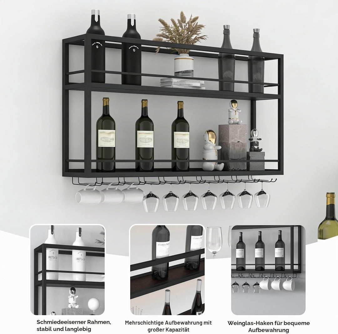 Industriell Wandmontierte Weinregal mit Glashalter, Schwarz Metallflaschenhalter Multi funktionaler