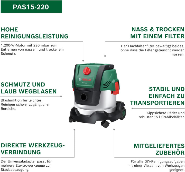 Bosch kabelgebundener Sauger PAS15-220 (Verlängerungsrohre (Kunststoff), Saugschlauch 2,2 m, Griff-/