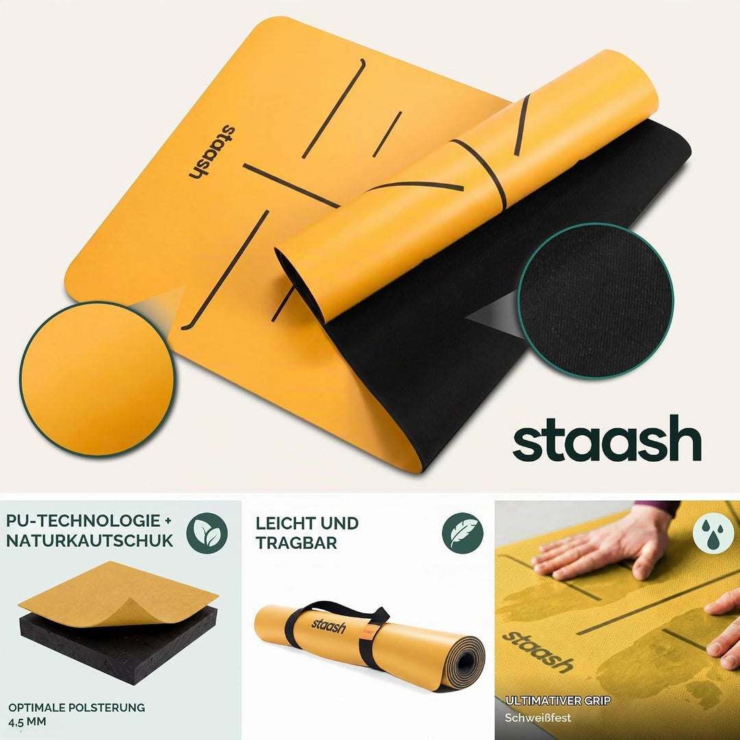 STAASH Premium Yogamatte Set – Rutschfest aus PU &amp; Naturkautschuk (4,5mm) – Inkl. Yoga Handtuch, Gur