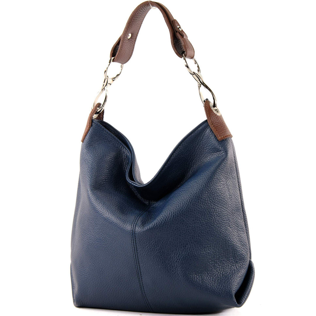modamoda de - T168 - ital Schultertasche Umhängetasche aus Leder Saphirblau/Braun, Saphirblau/Braun