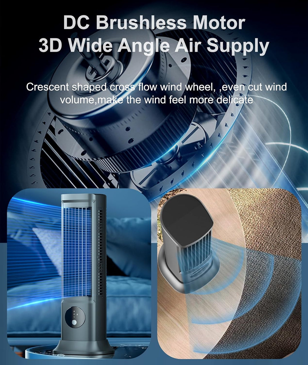 Jiawu 10'' Turmventilator für Schlafzimmer, Flügelloser Tischventilator mit 3 Geschwindigkeiten, Kom