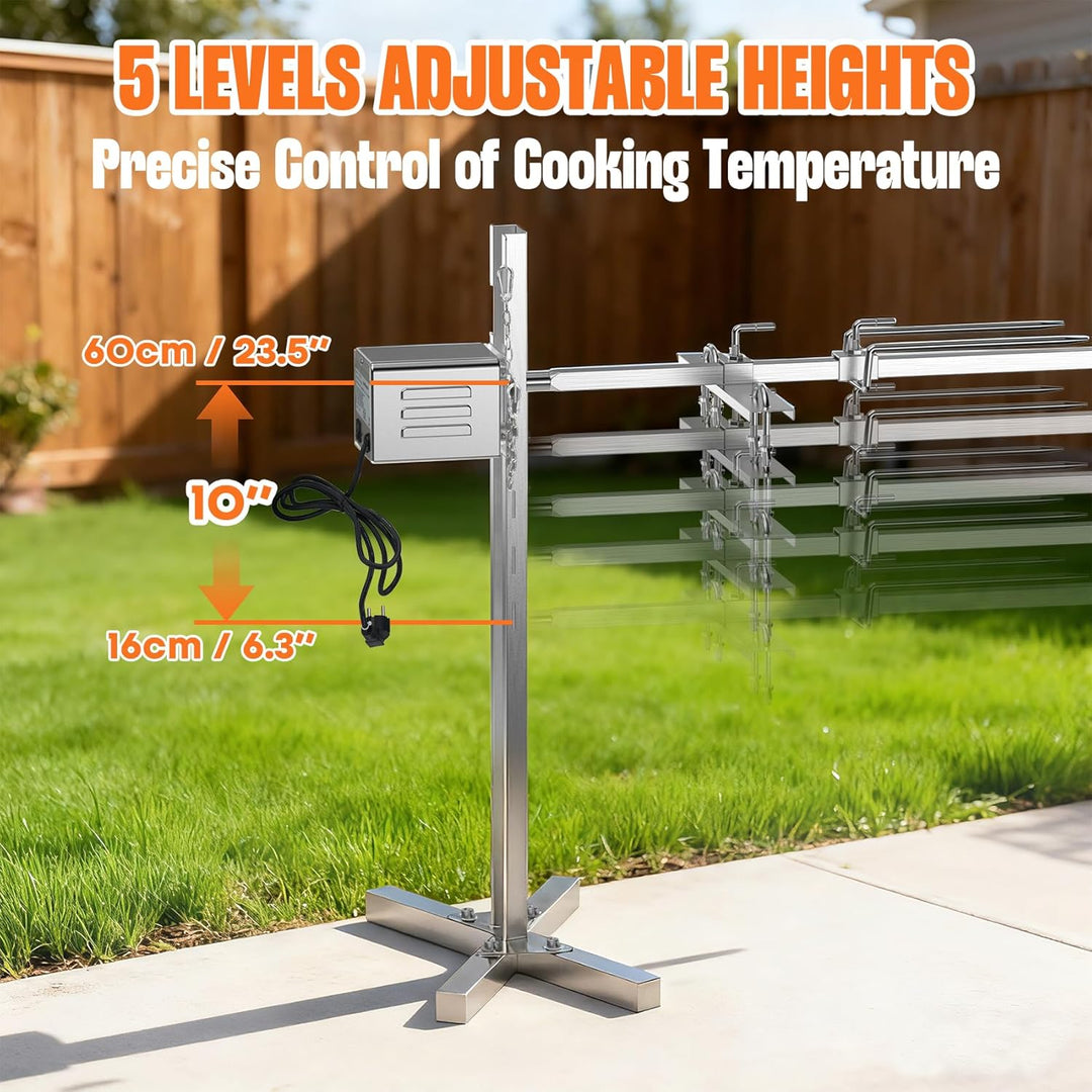 Spanferkelgrill mit Motor 60kg Belastbarkeit, Elektrischer Grillspiess Edelstahl mit 5-Stufig Höhenv