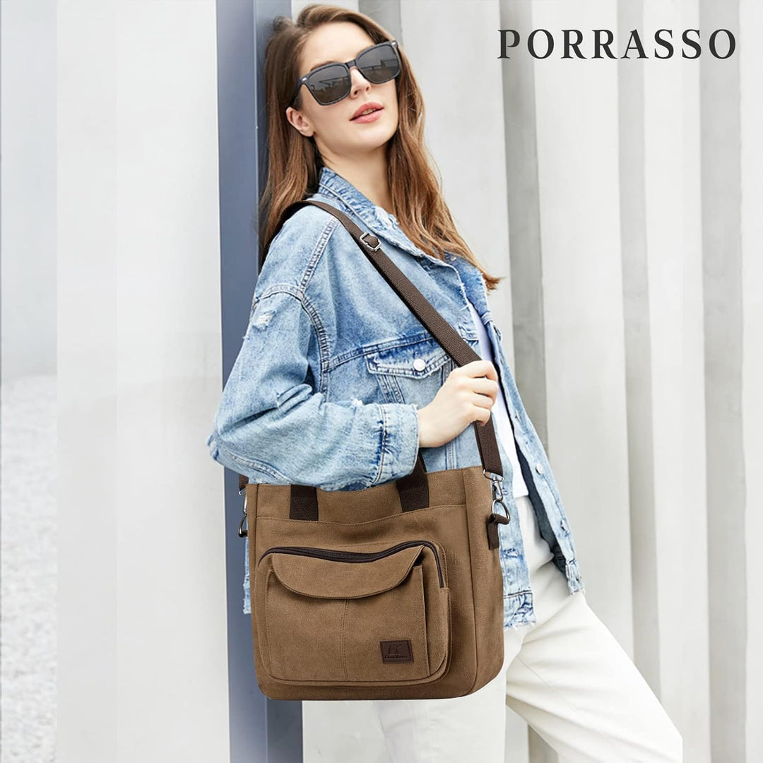PORRASSO Damen Umhängetasche Canvas Schultertasche Handtasche Hobotasche Tote Mädchen Crossbody Bag