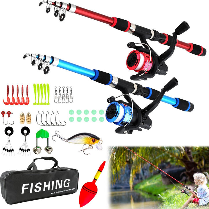 2 Stück Angelset Kinder, Angelrute Set Kinder, Kinder Angelruten, Teleskop-Angelrute 180 cm, Tragbar