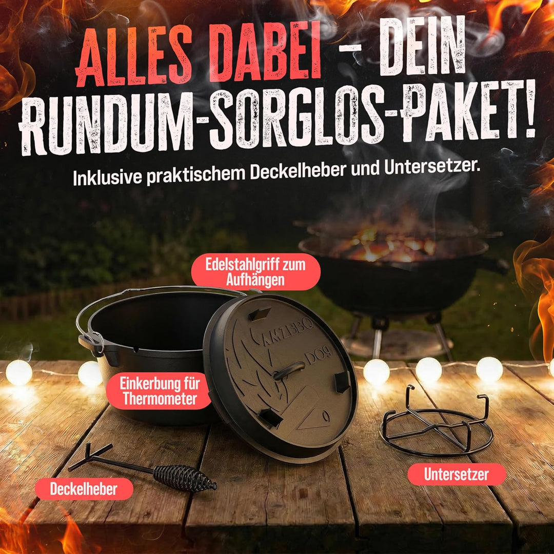 AMZBBQ® Premium Dutch Oven – Doppelt Eingebrannter Gusseisen Feuertopf – Rostbeständiger Schmortopf