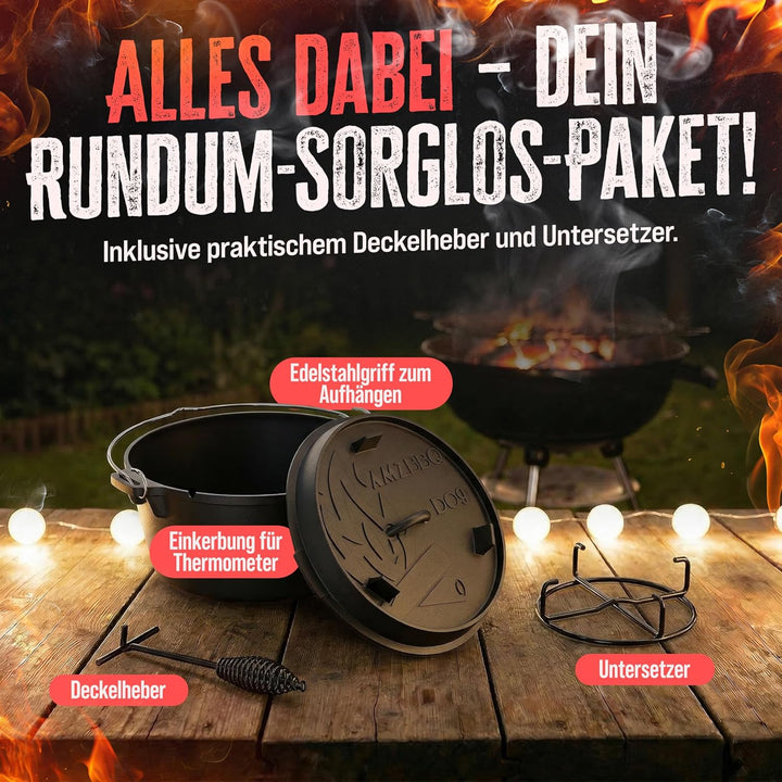 AMZBBQ® Premium Dutch Oven – Doppelt Eingebrannter Gusseisen Feuertopf – Rostbeständiger Schmortopf