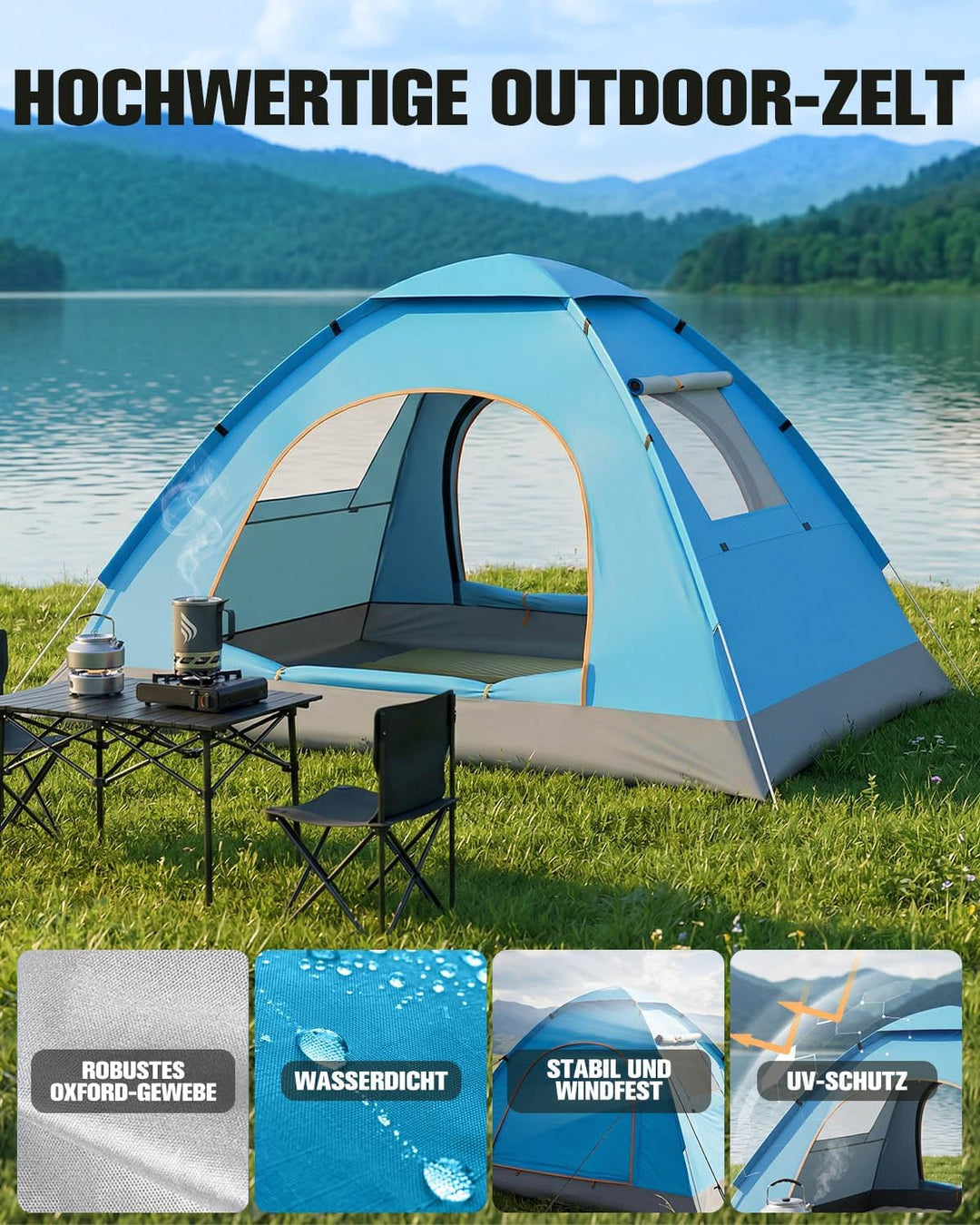 Wurfzelt 3-4 Personen Wasserdicht, Ultraleicht Winddicht Camping Zelt, Automatisches Pop Up Camping