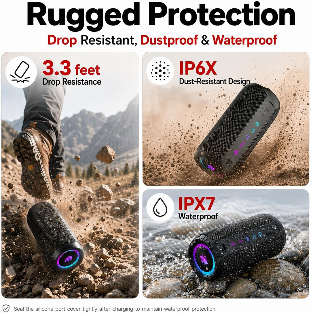 TIMU Bluetooth Lautsprecher mit Licht, Bluetooth 5.4 Musikbox IPX7 wasserdicht, TWS Paarung, AUX, TF