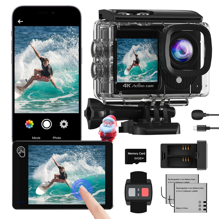 Dual Screen Action Cam 4K Mit 64GB Karte, 48MP WiFi ActionKameras, 40M Unterwasserkamera Mit EIS,170