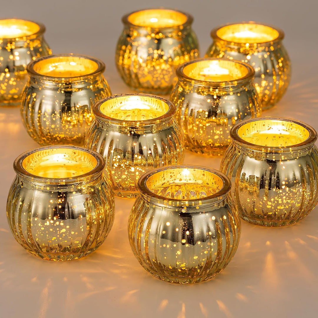 NUPTIO Glas Teelichtgläser Gold Teelichthalter: 12 Stück Teelichter Halter Gerippt Teelichter Kürbis
