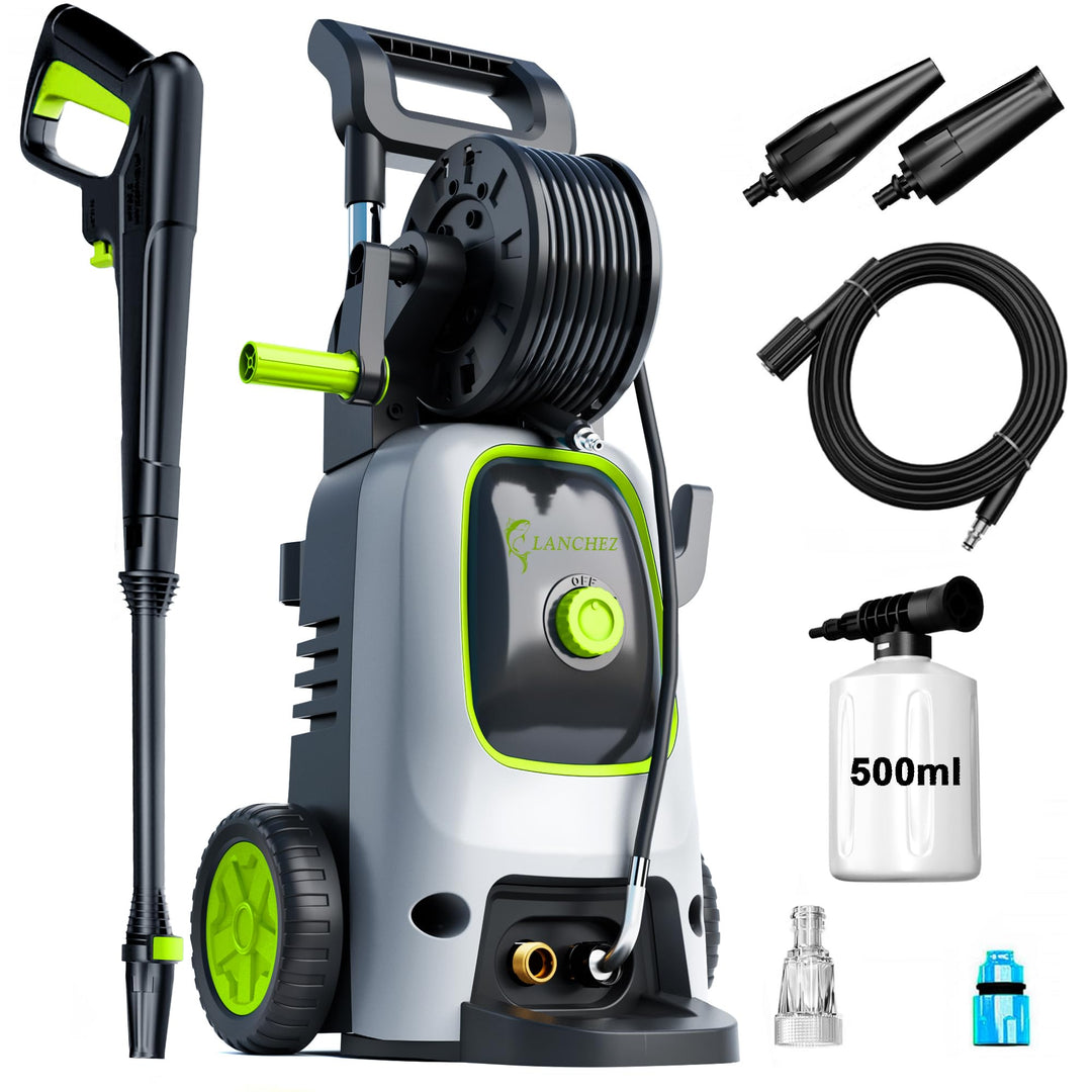 LANCHEZ Hochdruckreiniger 600 l/h 200bar, 7-in-1-Zubehör Kit 500ml Schaumsprüher, Schnellkupplungen,