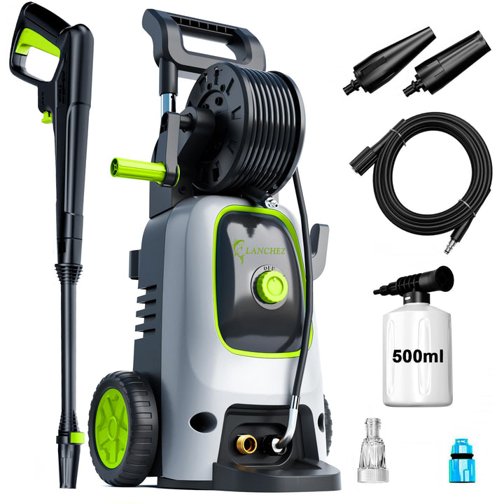 LANCHEZ Hochdruckreiniger 600 l/h 200bar, 7-in-1-Zubehör Kit 500ml Schaumsprüher, Schnellkupplungen,