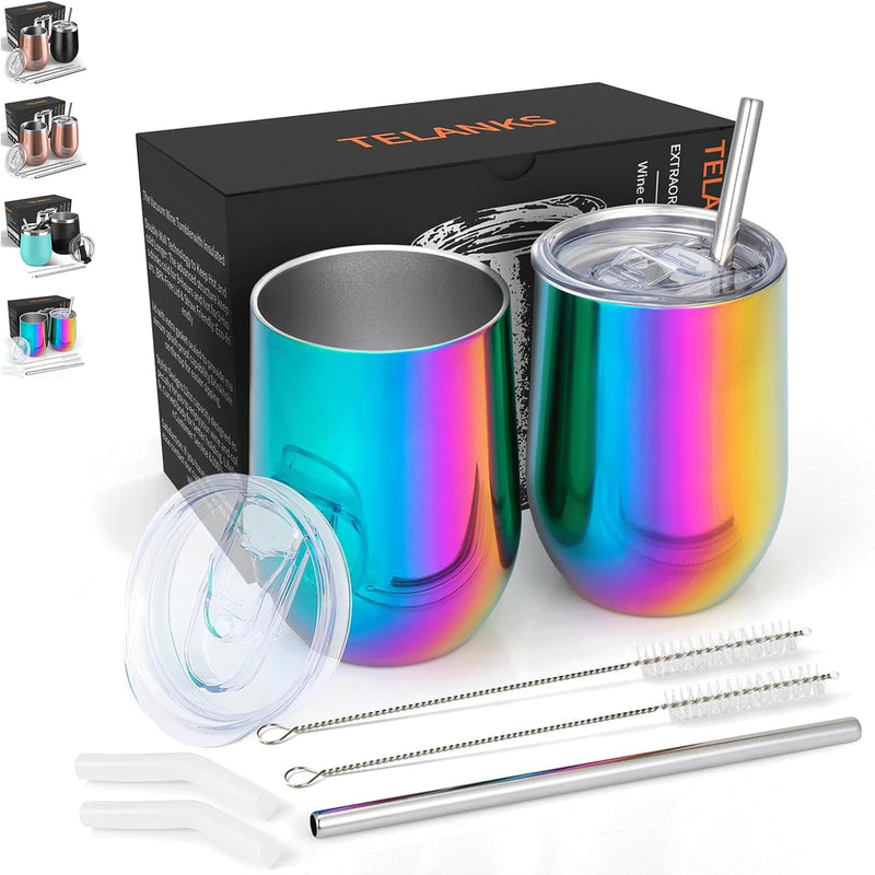 TELANKS Weinbecher,2 Stück Weinbecher to go aus Edelstahl,12oz Weinbecher glas mit Deckel und Strohh