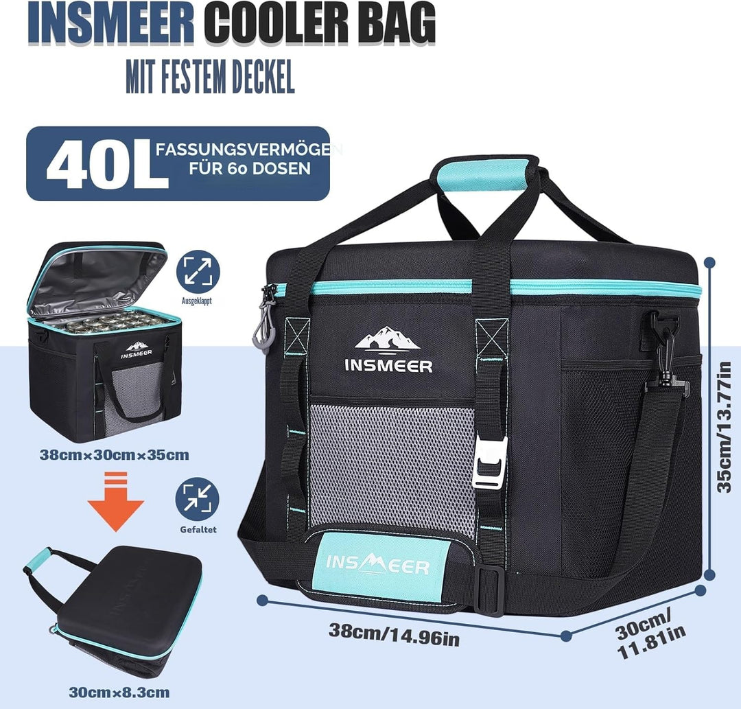 INSMEER Kühltasche Gross 40L, 60 Dosen Kühltasche Faltbar mit Hart Eva Dach, Wasserdicht Gross Kühlt