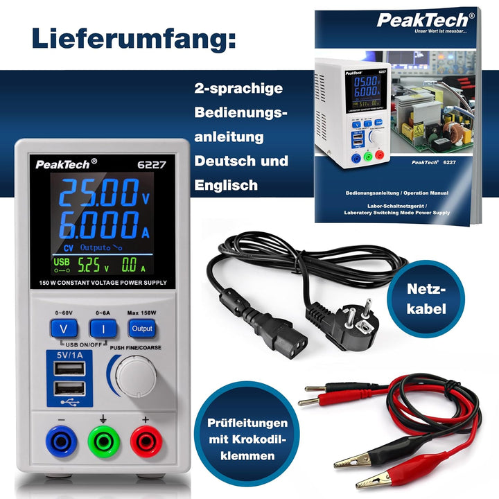 PeakTech P 6227 – DC Labor Netzteil 0-60 V / 0-6 A mit farbiger LCD Anzeige, Labor Netzgerät inkl. 2