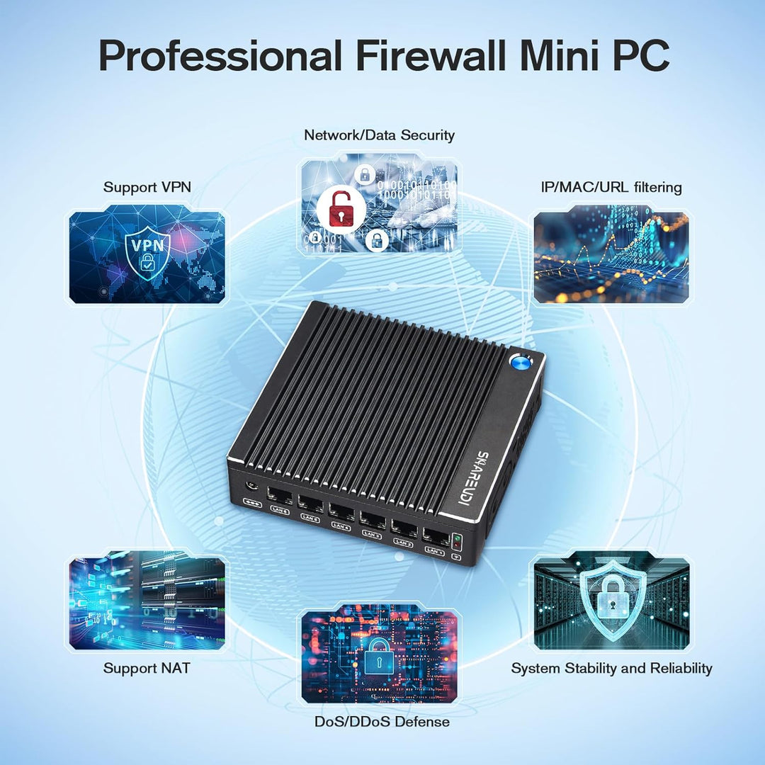 Fanless Micro Firewall Appliance, Firewall Mini PC Intel N3710 4C/4T, 6 x Intel 2.5 GbE i226-V LAN,A