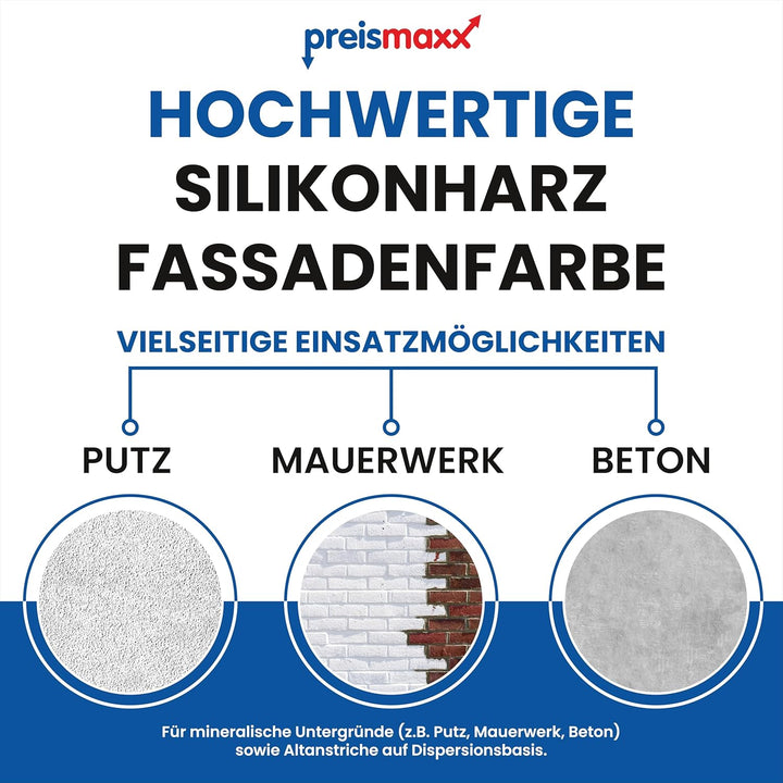 Preismaxx Silikonharz Fassadenfarbe, Weiss 10 Liter, hochwertige, matte, wasserabweisende Aussen-Dis