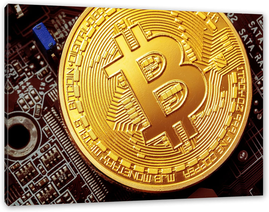 Pixxprint Bitcoin BTC auf Platine als Leinwandbild | Grösse: 120x80 cm | Wandbild | Kunstdruck | fer