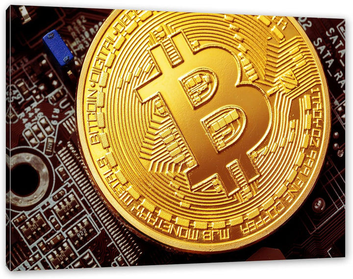 Pixxprint Bitcoin BTC auf Platine als Leinwandbild | Grösse: 120x80 cm | Wandbild | Kunstdruck | fer