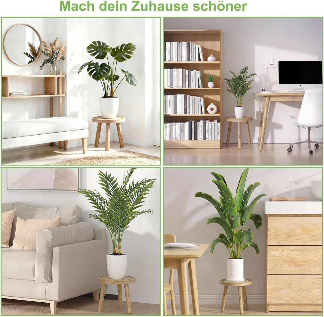 FUSHITON 3 Runde Pflanzenhocker für Innen, Set in hellbraun, Blumentisch & Eck-Ständer als hohes Ein
