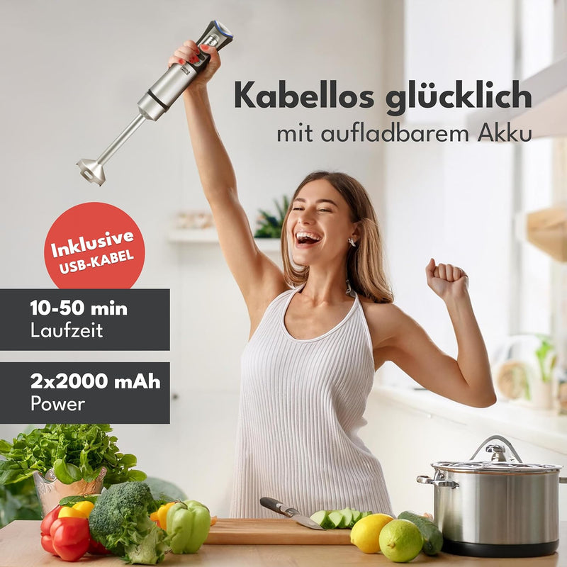 LEBENLANG Akku Stabmixer Kabellos - Inkl. 800ml Messbecher & USB-C Ladekabel I Kabelloser Akku Pürie