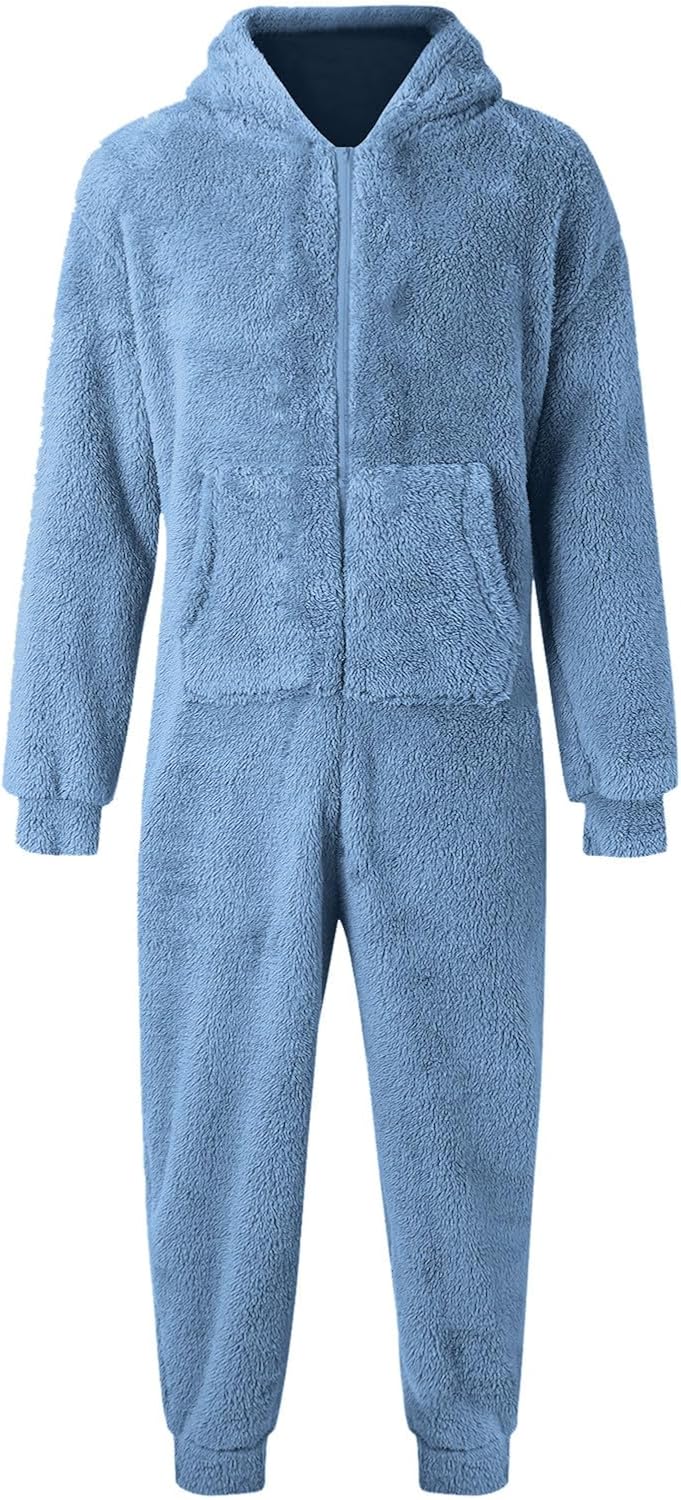 Jumpsuit Herren Teddy Fleece Schlafanzug Einteiler Onesie Winter Fluffy Pyjama Kuschelig Overall mit