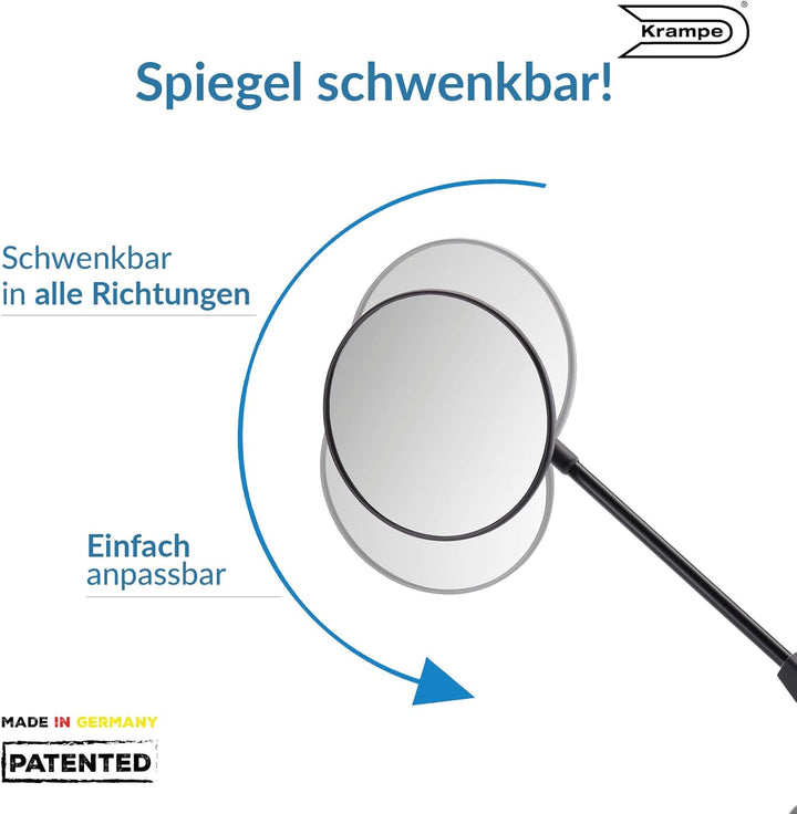 Krampe KF1 Typ B | Einklappbarer Fahrradspiegel rund |Rechts und links montierbar | Für alle Arten v