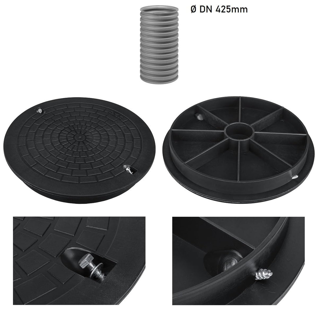Kanaldeckel für Wellrohr Ø DN425 Schachtabdeckung Schachtdeckel Kontrollschacht Schwarz für Wellrohr