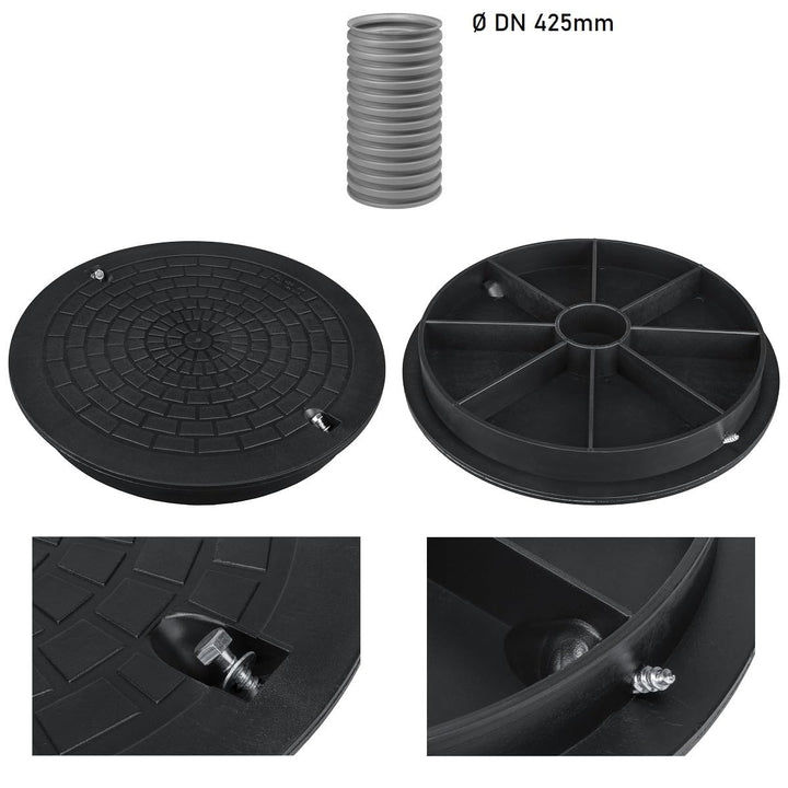 Kanaldeckel für Wellrohr Ø DN425 Schachtabdeckung Schachtdeckel Kontrollschacht Schwarz für Wellrohr