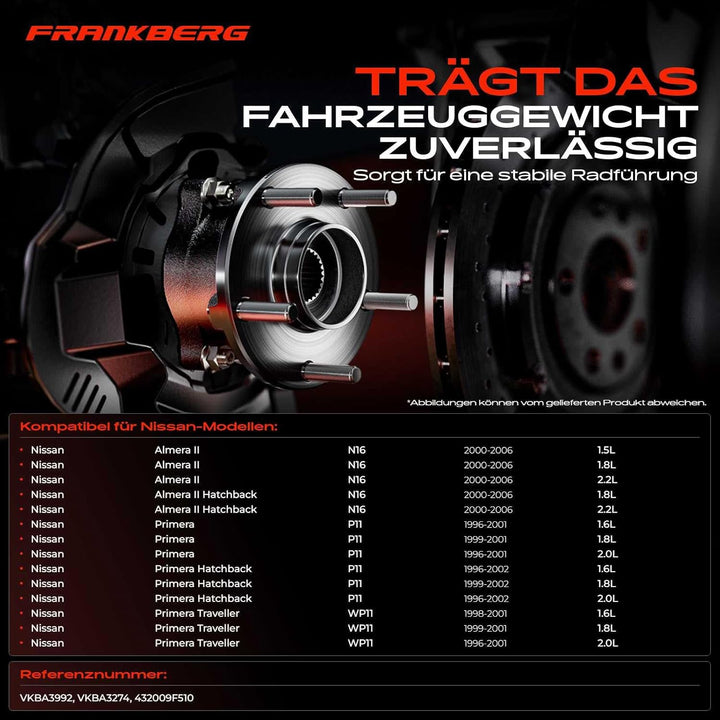 Frankberg Radnabe Radlagersatz Hinterachse für Almera II Primera 1.5L-2.2L 1996-2006 432009F510 Hint