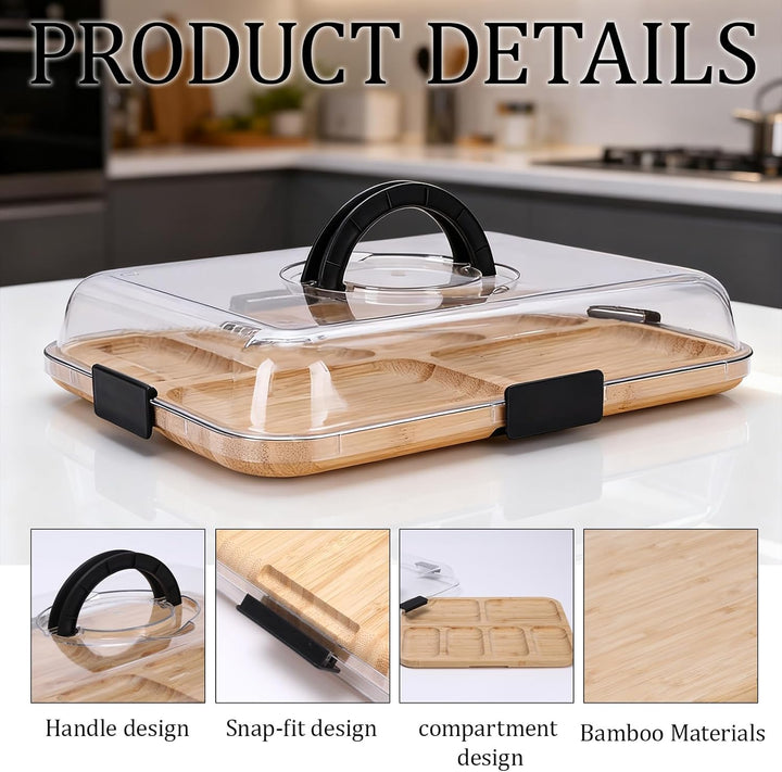 Charcuterie Board mit Deckel – Tragbares Snackbrett mit 6 Fächern & Transparentem Deckel – Reversibl