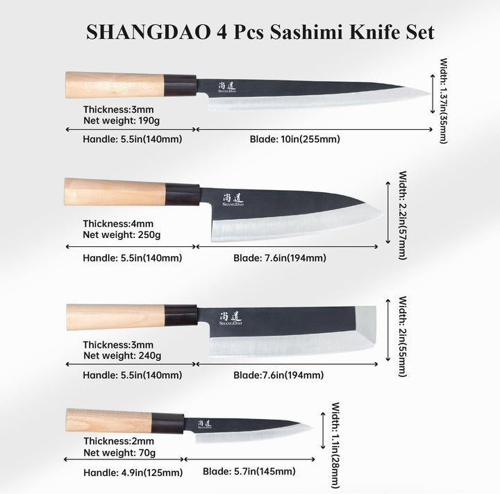 SHANGDAO Japanisches Küchenchef-Set mit 4 Messern, Sushi-Messerset, Nakiri-Yanagiba-Deba-Utility-Küc