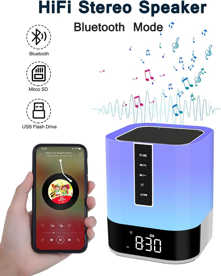 Bluetooth Lautsprecher mit Licht, Kinder Wecker, White Noise Machine,Nachttischlampe Touch-Dimmbar,4
