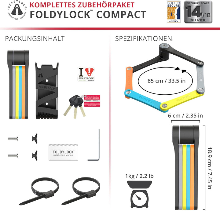 FoldyLock Compact Fahrrad Faltschloss – Patentiertes Testsieger Fahrradschloss mit Schlüssel und Hal