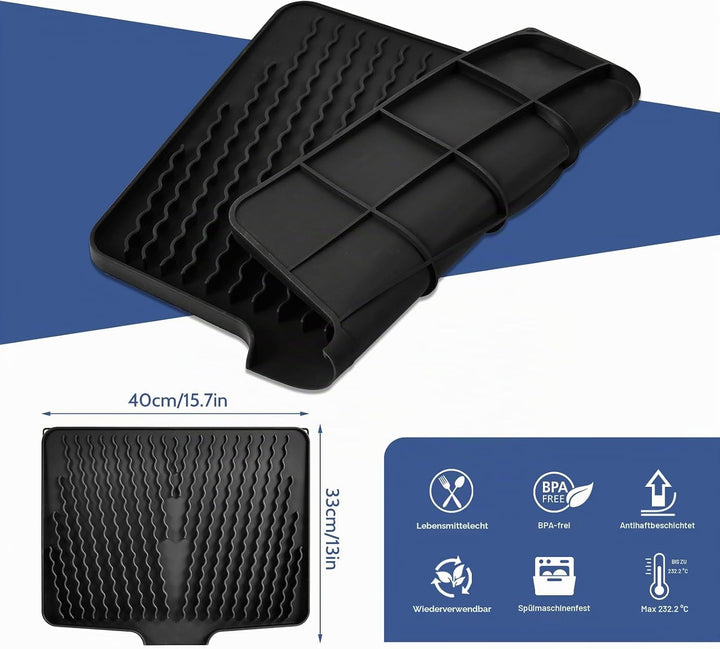 Abtropfmatte Ohne Falten 40x33x1.5cm | Silikon Abtropfmatte Geschirr für die Küche Spüle | Schrägdes