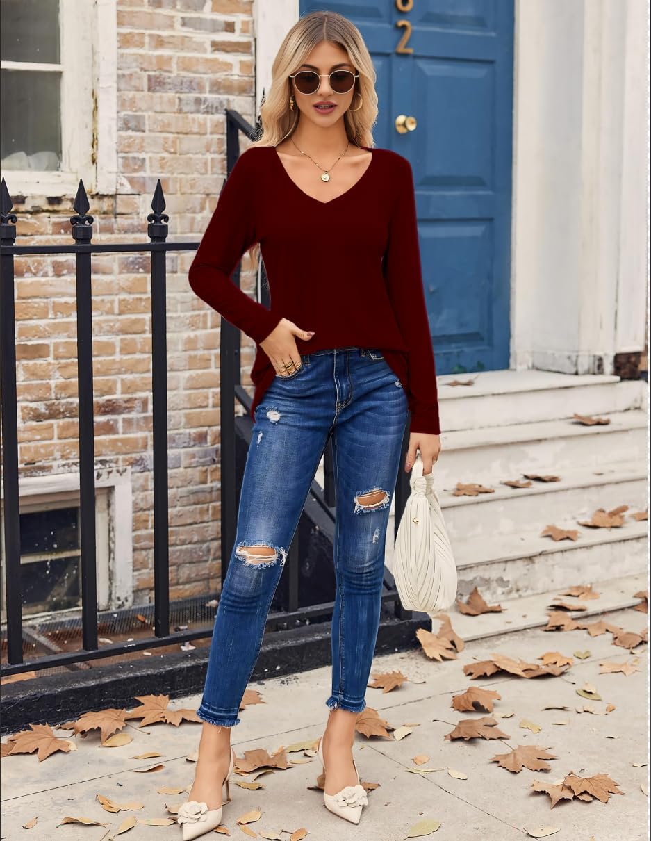 Chicrise Langarmshirt Damen V Ausschnitt Langarm Pullover Basic Eng Ribbed Oberteile, Burgundy S