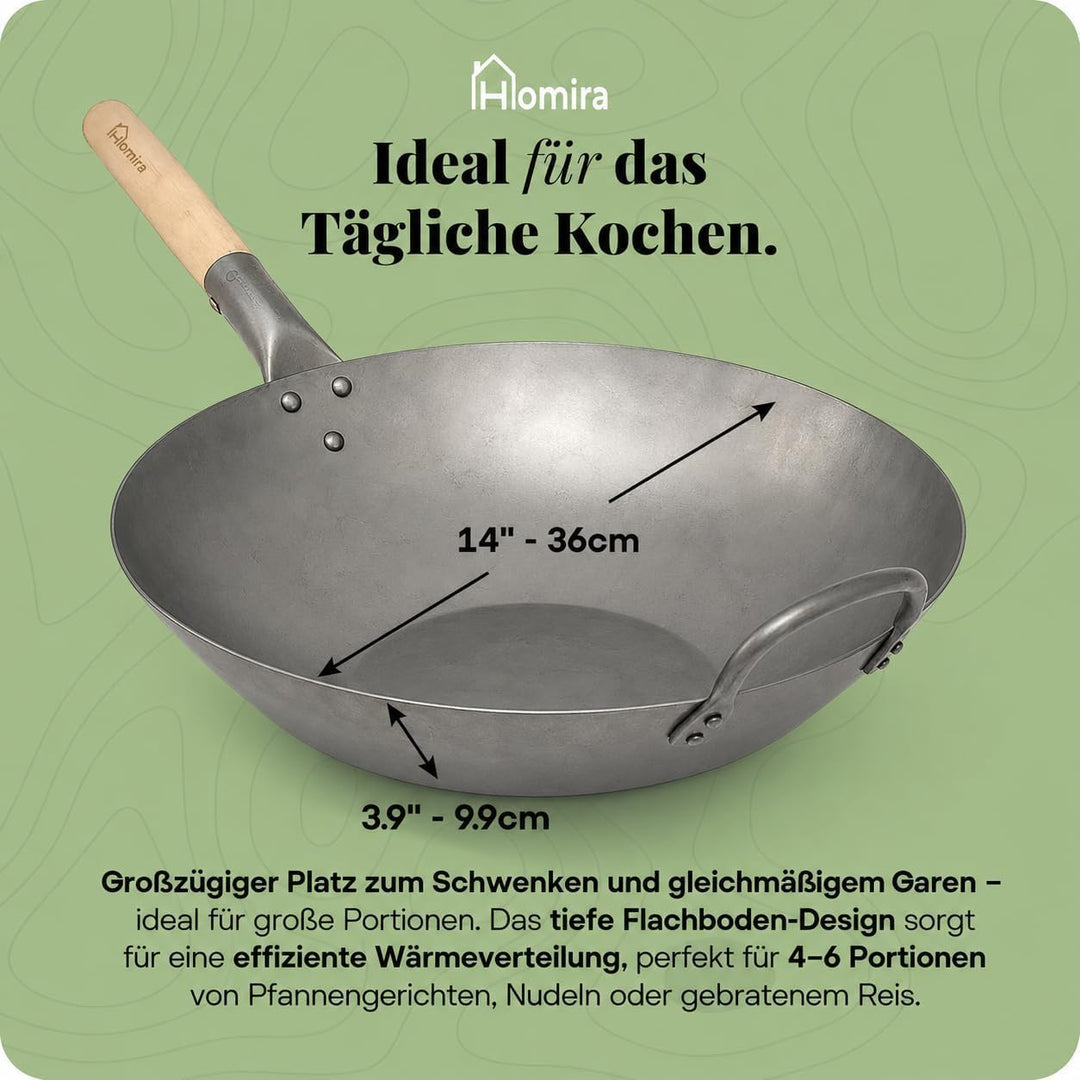 Homira Wok 36 cm handgehämmert aus Karbonstahl mit flachem Boden und Holzgriff – traditionelle PFAS-