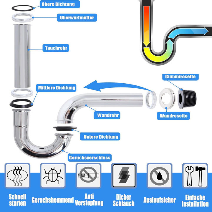 Universal Siphon Waschbecken 200mm Extra Lang G1-1/4" Edelstahl Abflussrohr, Ablaugarnitur Waschbeck