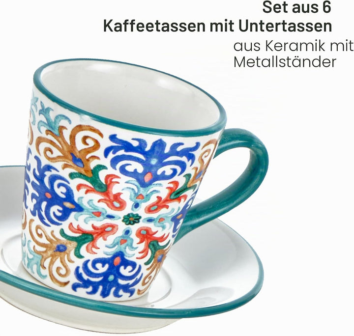 Baroni Home Set von dekorierten Keramik-Espressotassen mit Untertassen und Ständer, farbiges und rob