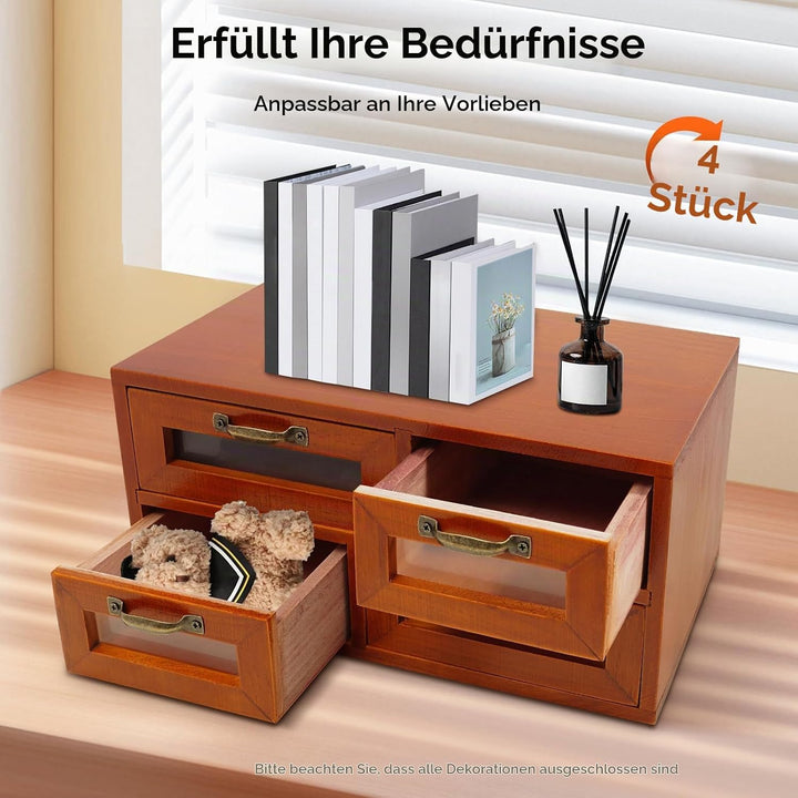 4 Stück Vintage Apothekerschrank Holz, 16 Schubladen mit Sichtfenster, Schreibtisch Organizer für Bü