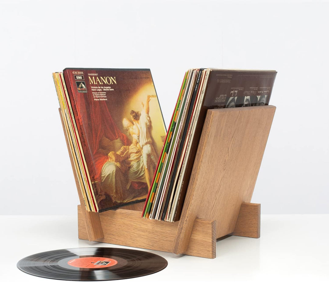 Rikmani Aufbewahrung von Vinylplatten - Schallplatten Halter Regal aus Eiche Massivholz im hochwerti