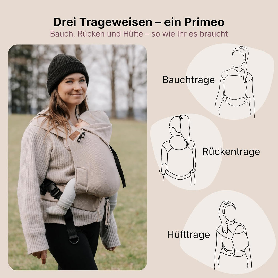 Hoppediz Primeo Babytrage für Neugeborene – Ergonomische Babytrage aus 100% kbA Baumwolle – Bauchtra