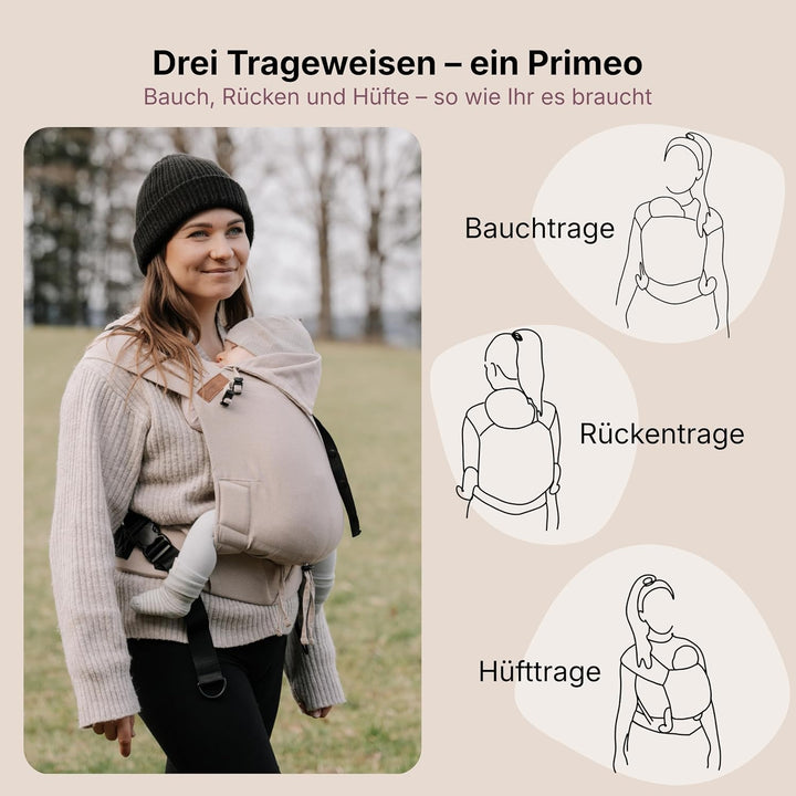 Hoppediz Primeo Babytrage für Neugeborene – Ergonomische Babytrage aus 100% kbA Baumwolle – Bauchtra