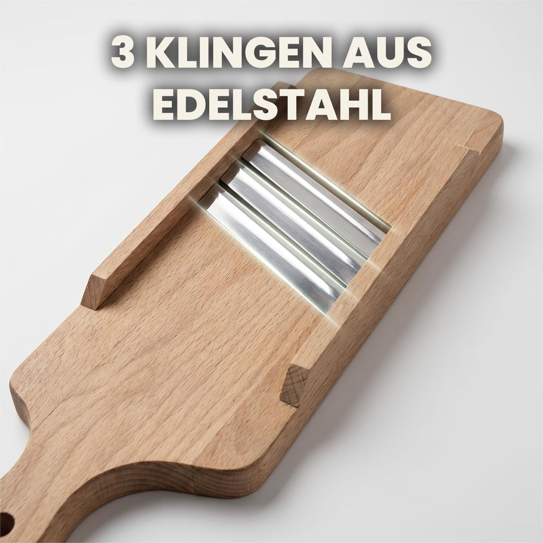 Gemüsehobel Holz mit 3-facher Klinge aus Edelstahl - Kohlschneider 43 x 16 x 3 cm aus Massivholz - K