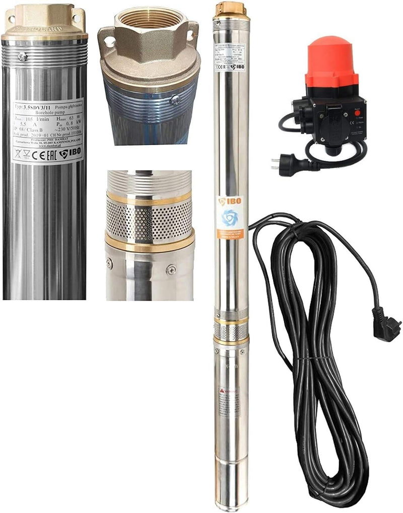 Tiefbrunnenpumpe Brunnenpumpen sandverträglich Edestahl 6300l/h 230V 800 W 90 mm