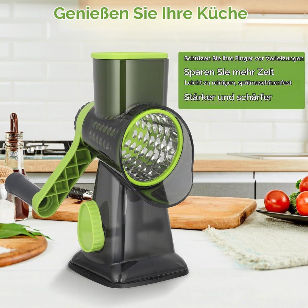 Dreamhigh Käsereibe mit Kurbel, Gemüseschneider 3 Edelstahl Austauschbaren Trommelklingen, Manuelle